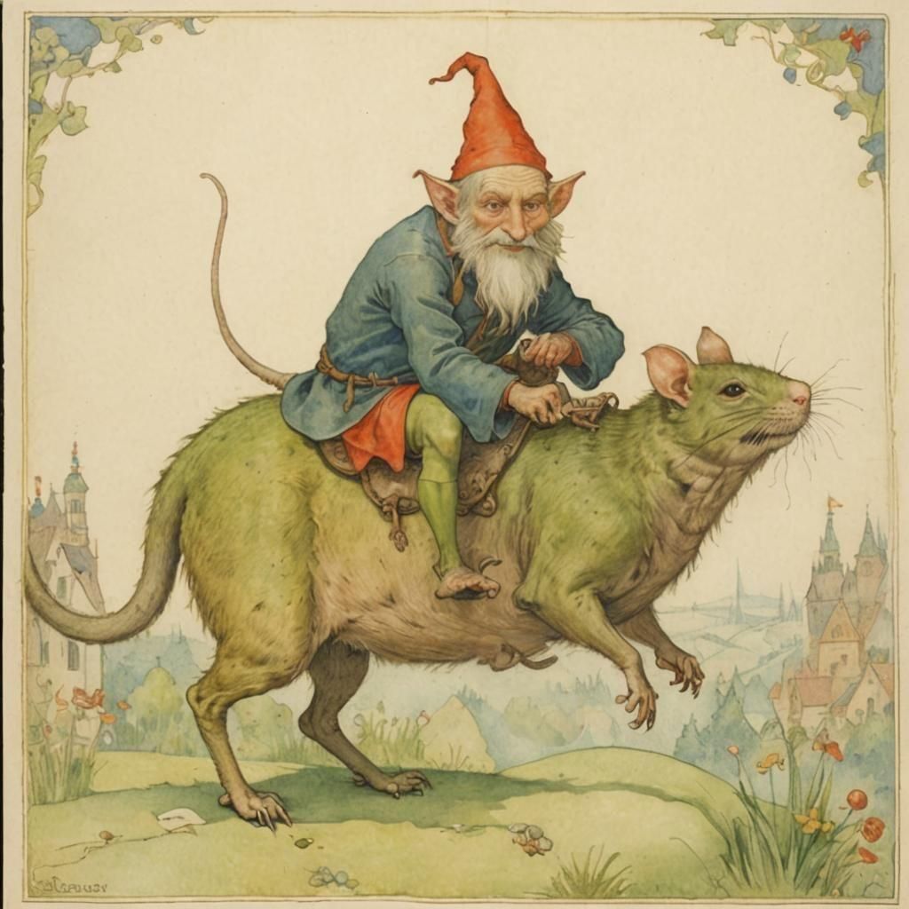 Mischievous Goblin Riding a Rat, Watercolour Style
