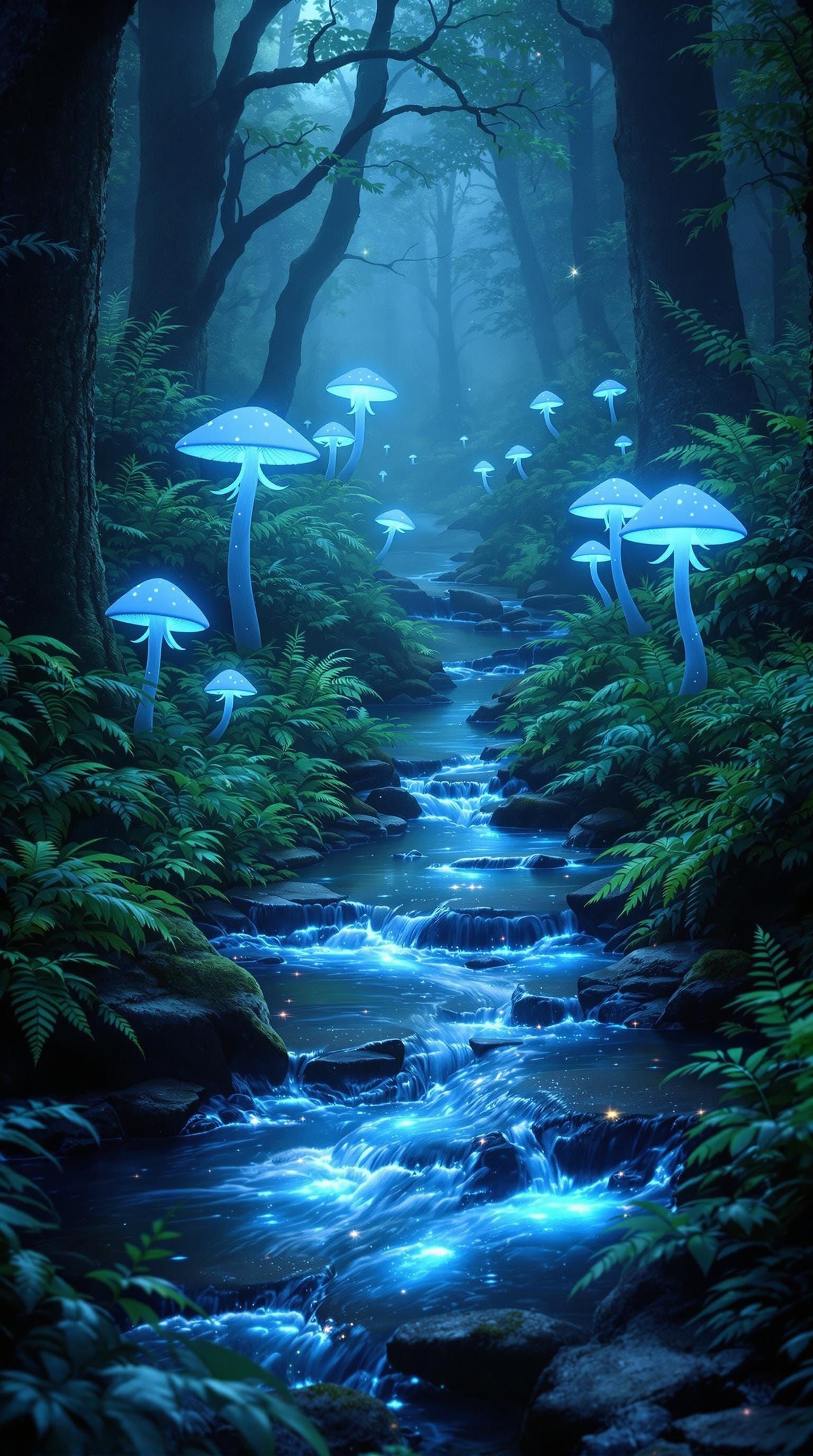 Ethereal Woodland Scene with Bioluminescent Mushrooms