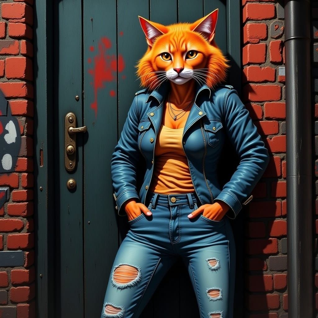 Anthropomorphic Cat in Alleyway, Animated Style