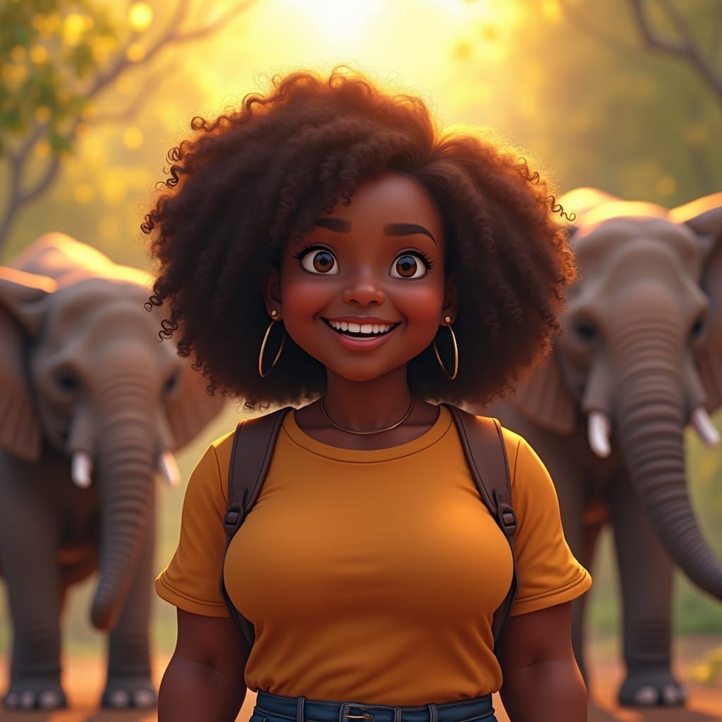 Joyful Black Teen Surrounded by Elephants at the Zoo