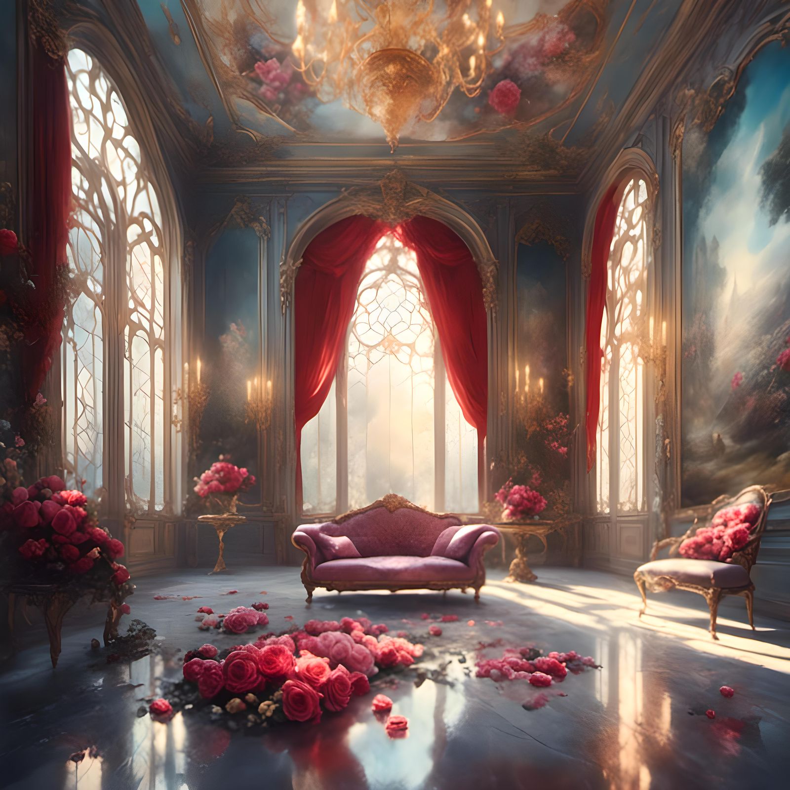 Elegant Rose-Filled Room with Grecian Statues