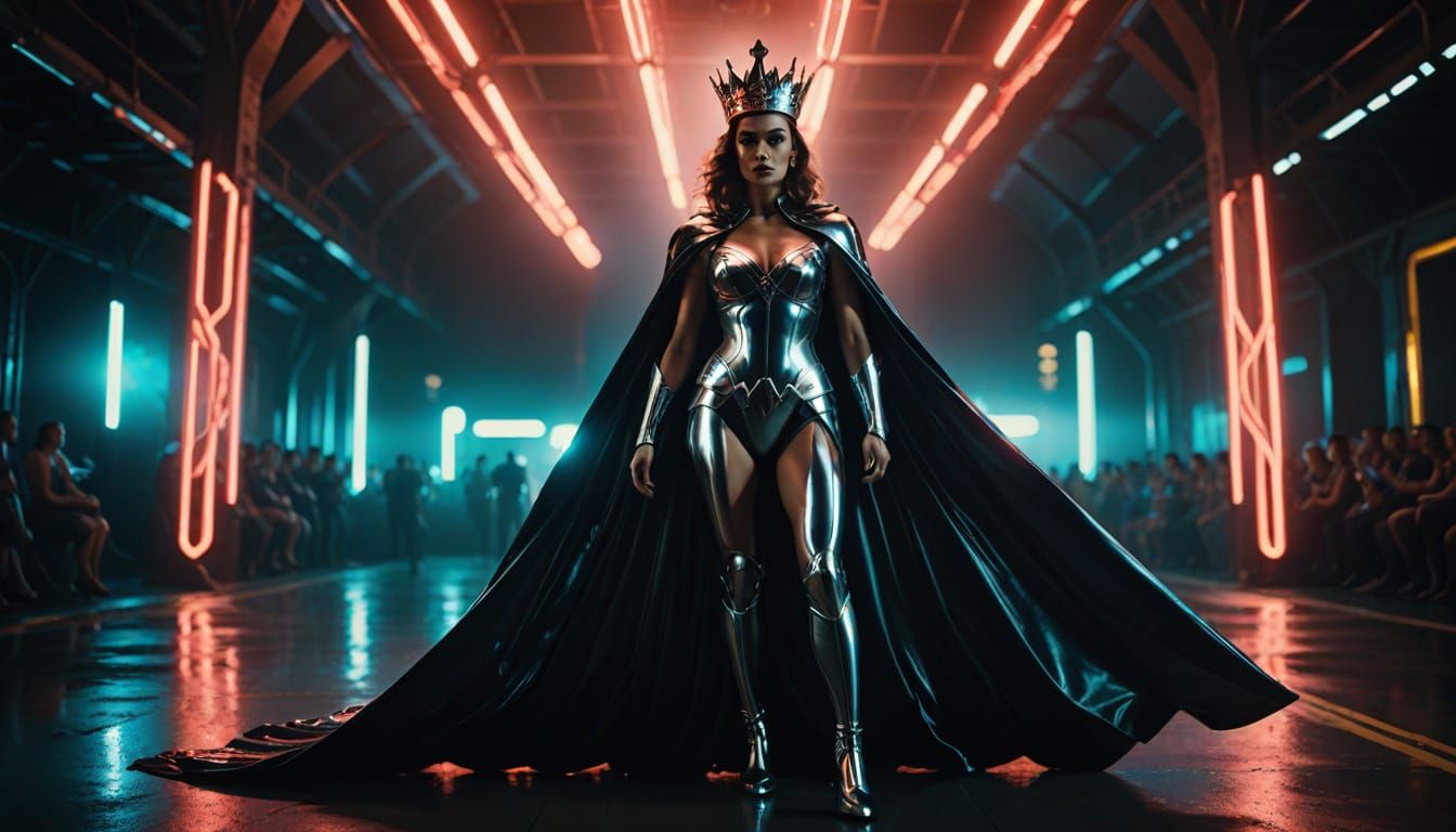 Chrome Superheroine on Neon Runway: Cinematic Film Still