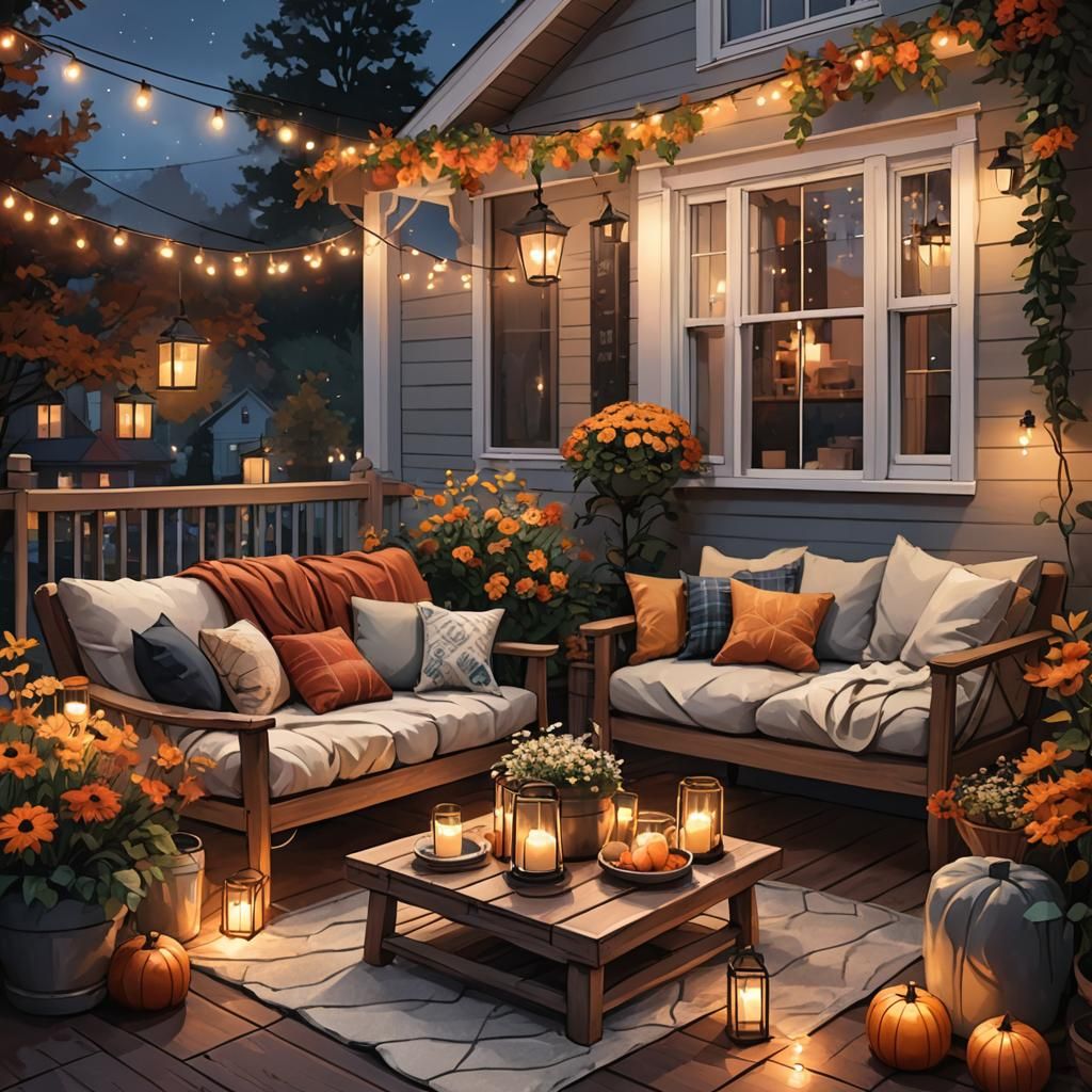 Cozy Autumn Porch with String Lights, Digital Illustration