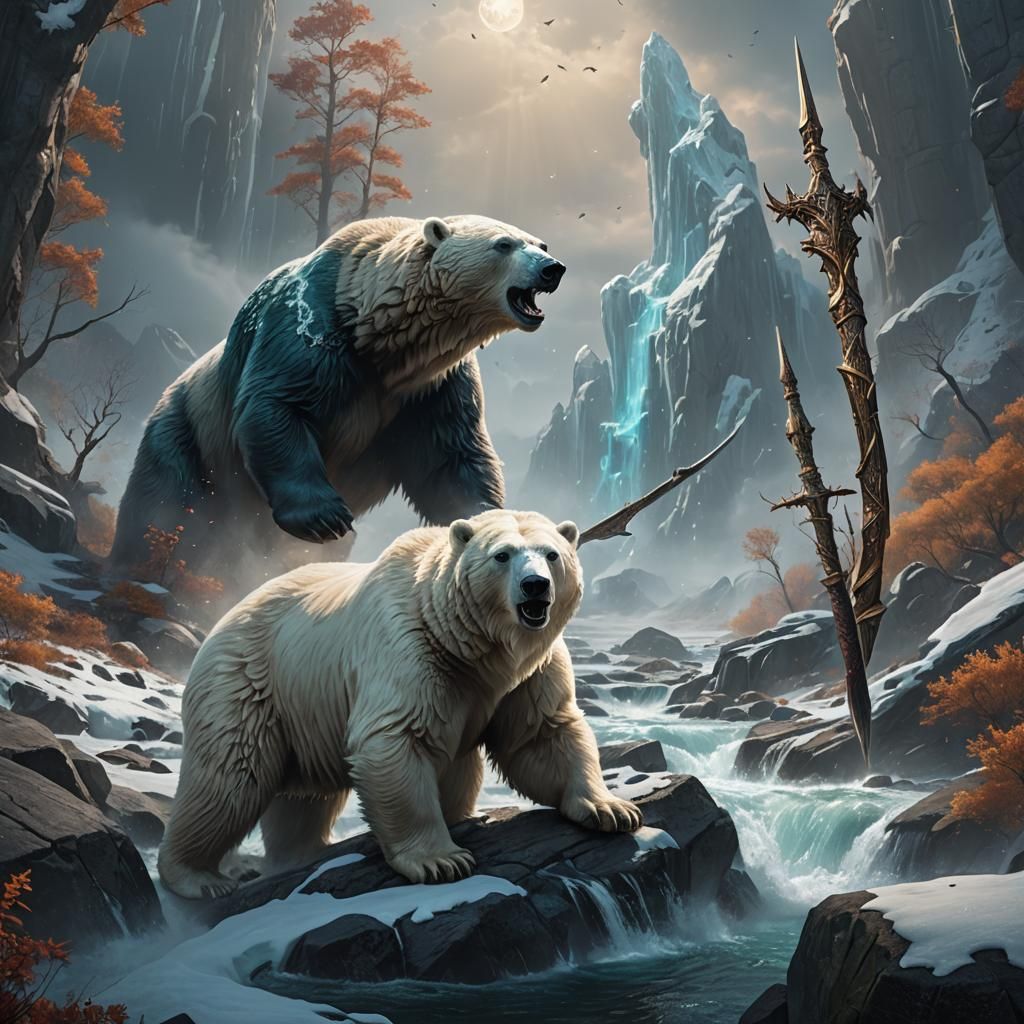 Magical Polar Bear with Spear: Detailed Digital Painting