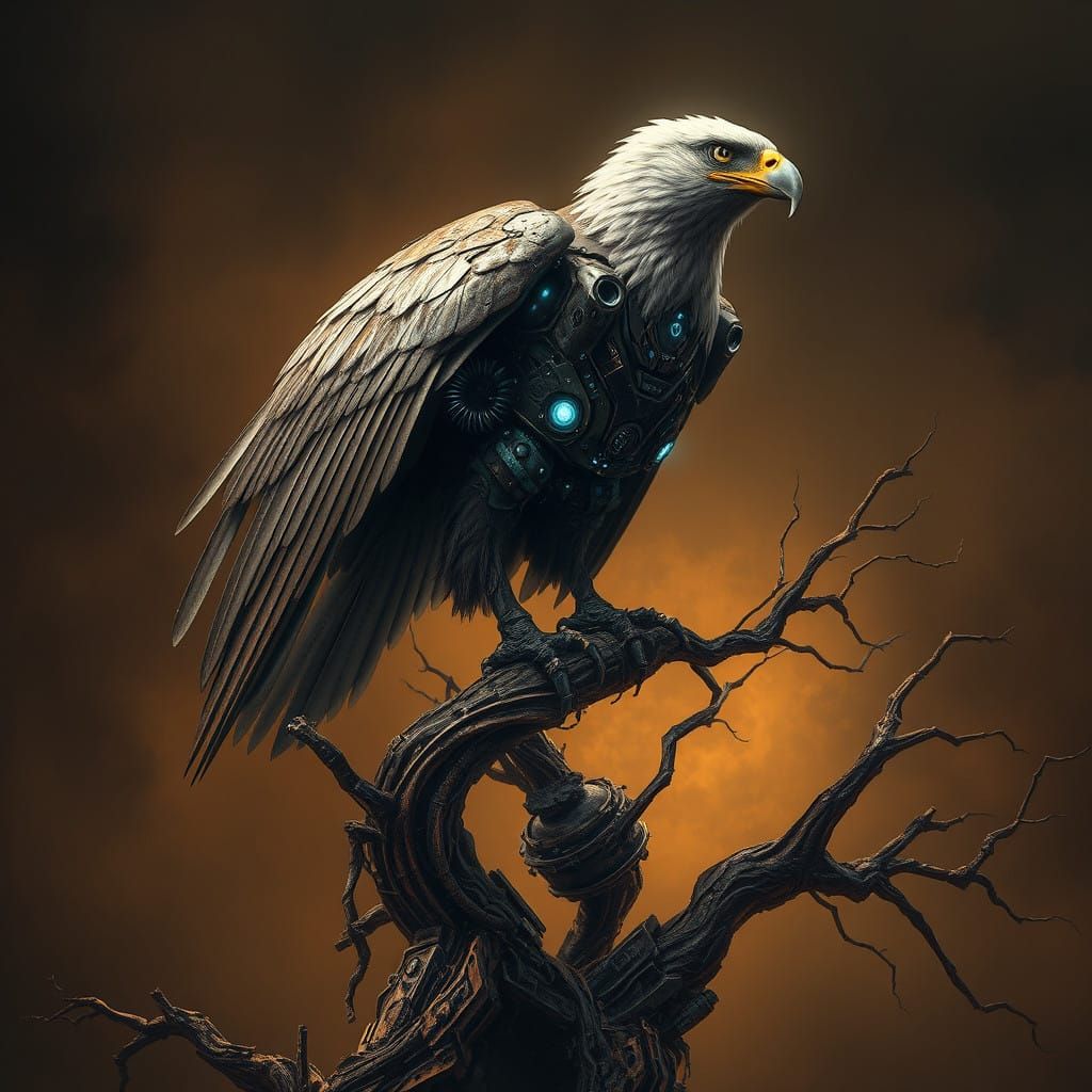 Cyborg Eagle Amidst Industrial Decay