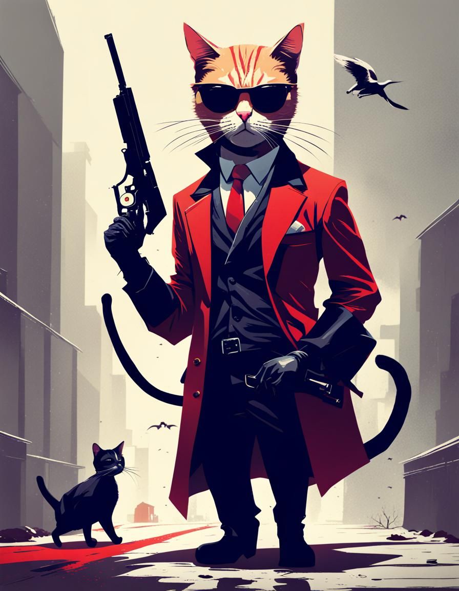 Cat Hitman in Realistic Digital Painting