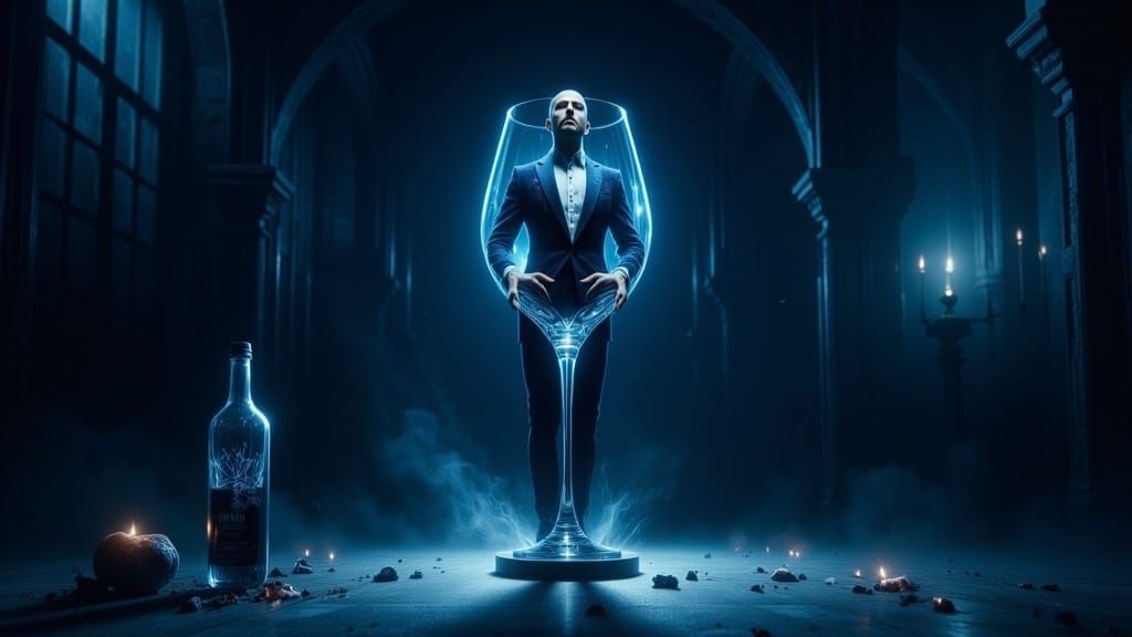 Midnight Blue Velvet Suited Man in Crystal Wine Glass