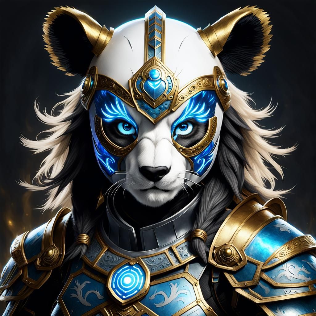 Female panda shieldmaiden with glowing blue eyes.