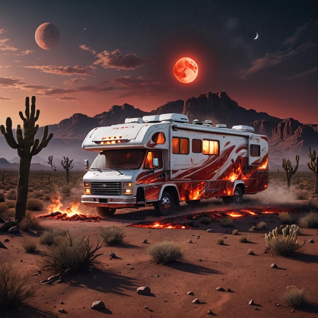 Burning RV in Arizona Desert: Fantasy Concept Art