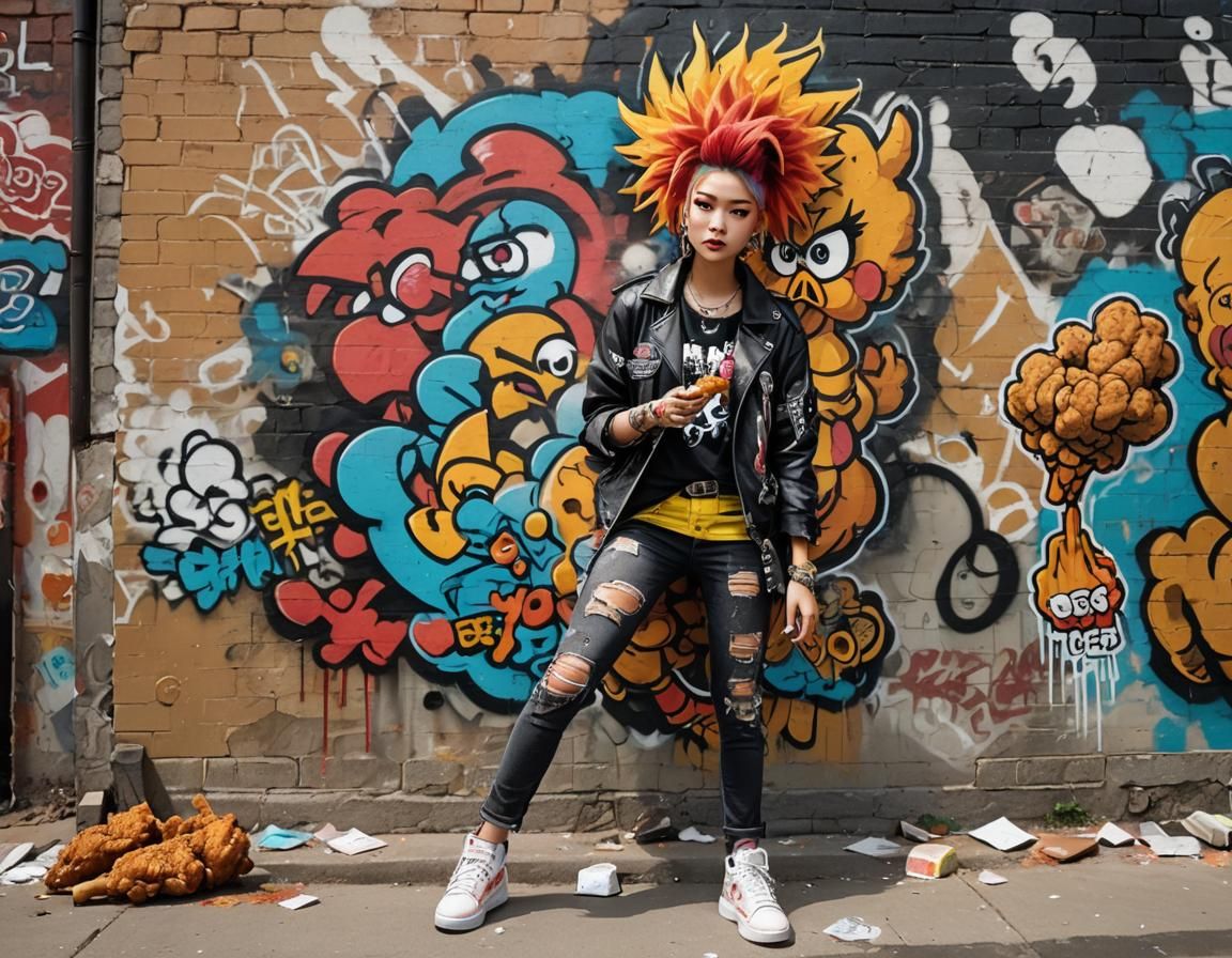 Punk K-Pop Artist Graffitiing Fried Chicken Art