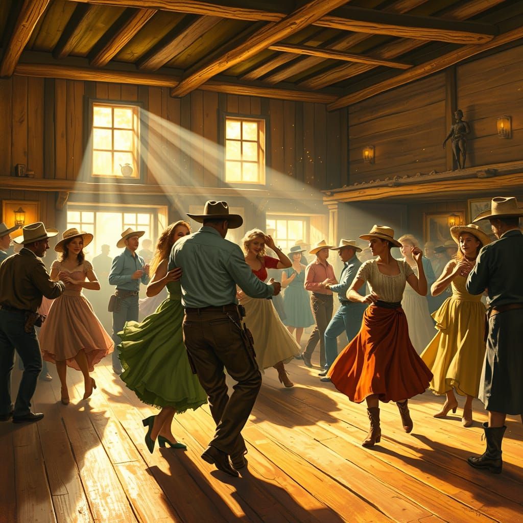 Wild West Saloon Dance in Folk Art Style