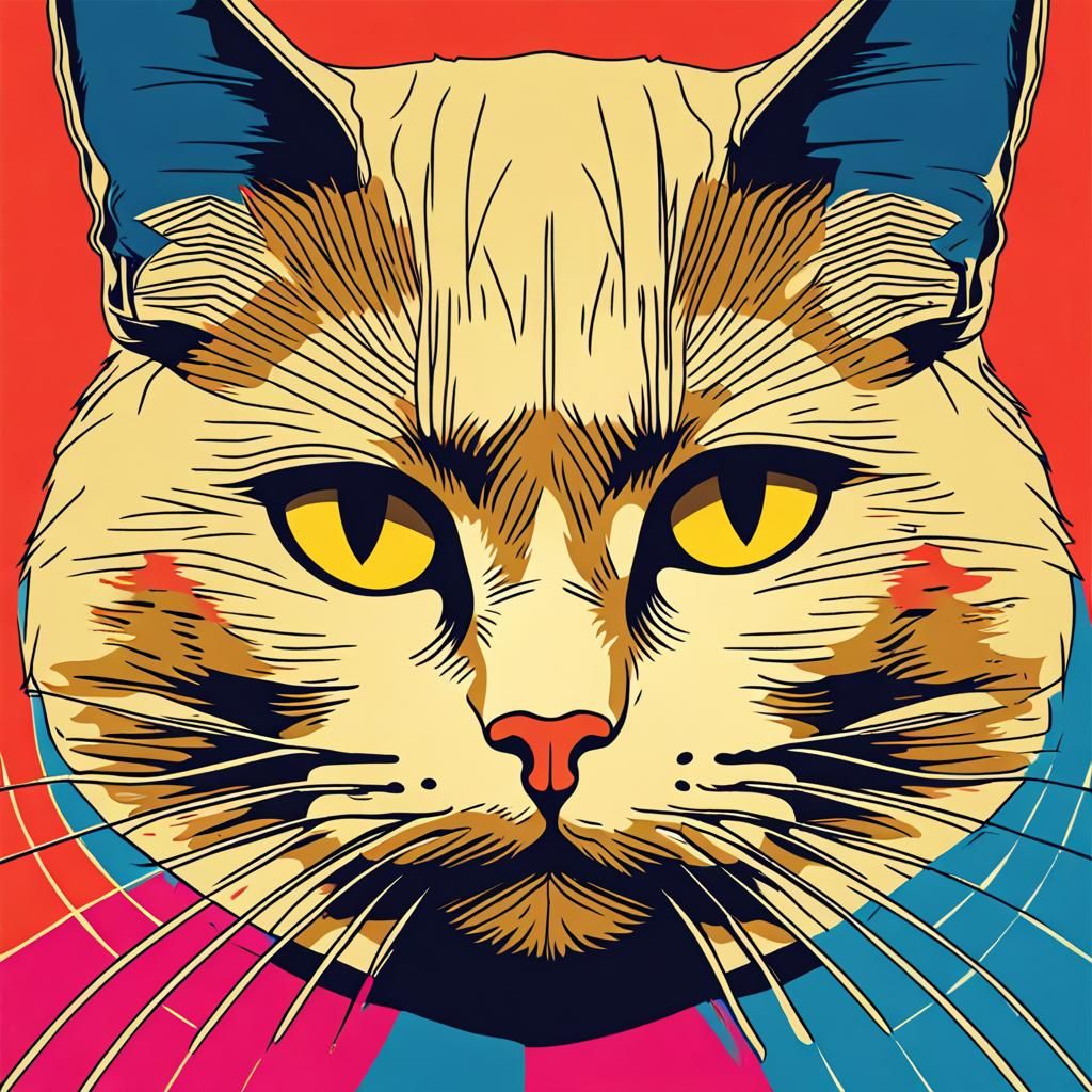 Sad Cat Head in Geometric Pop Art Style