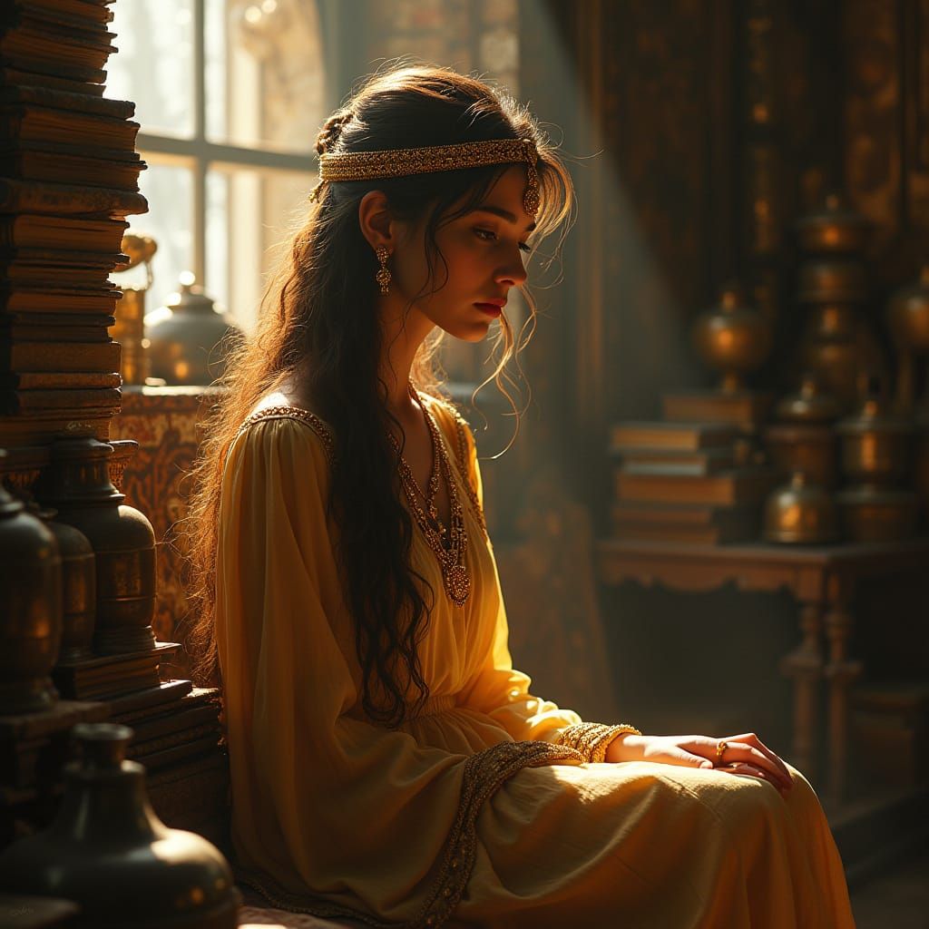 Elegant Teenage Girl in Study with Golden Jewellery