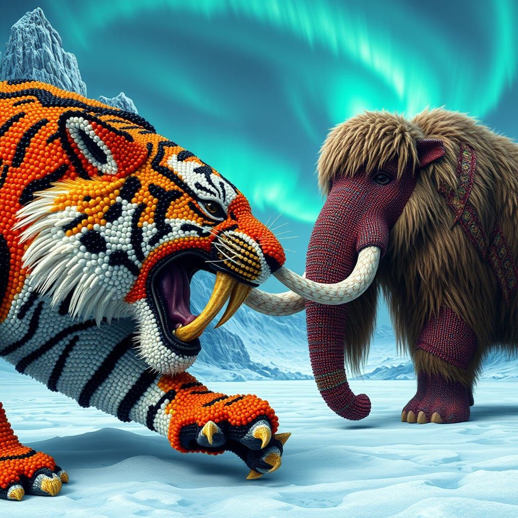 Beaded Sabertooth Tiger vs Woolly Mammoth