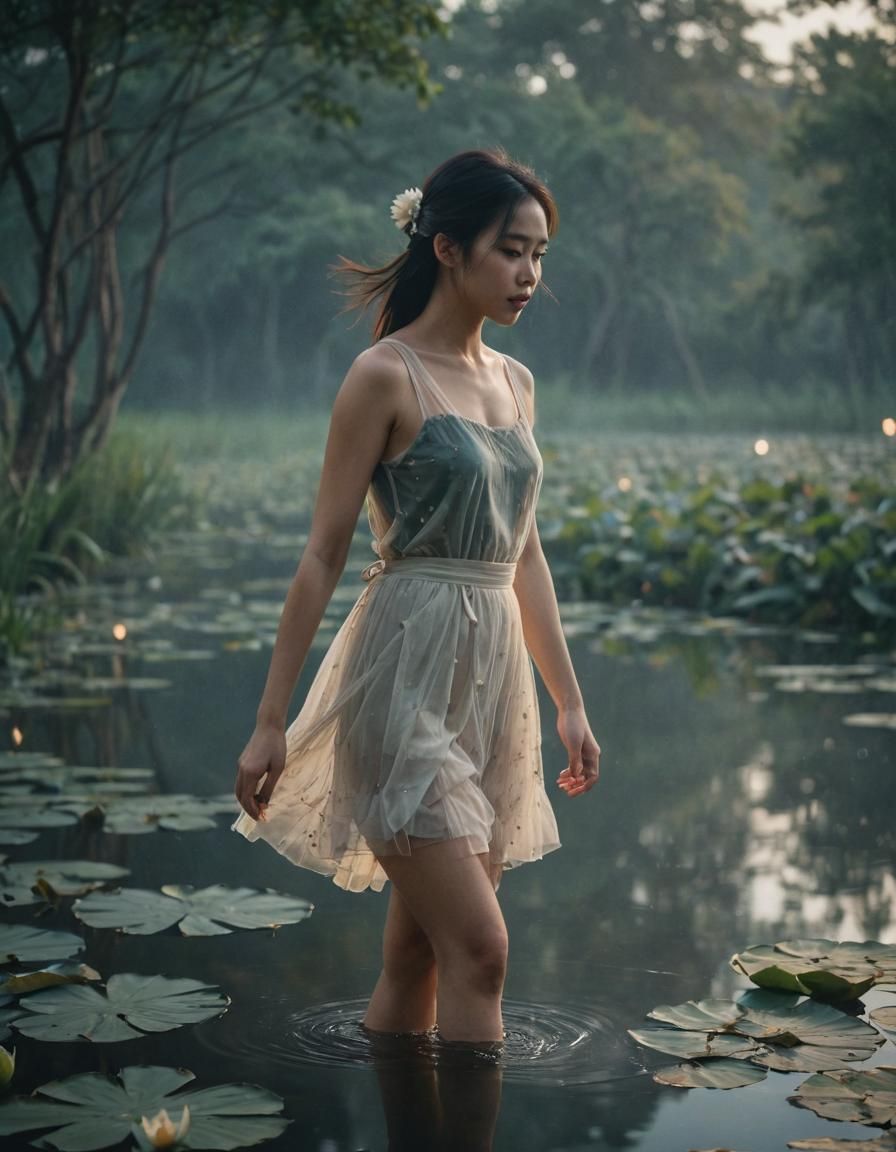 Vietnamese Woman in Tulle Dress by Lake