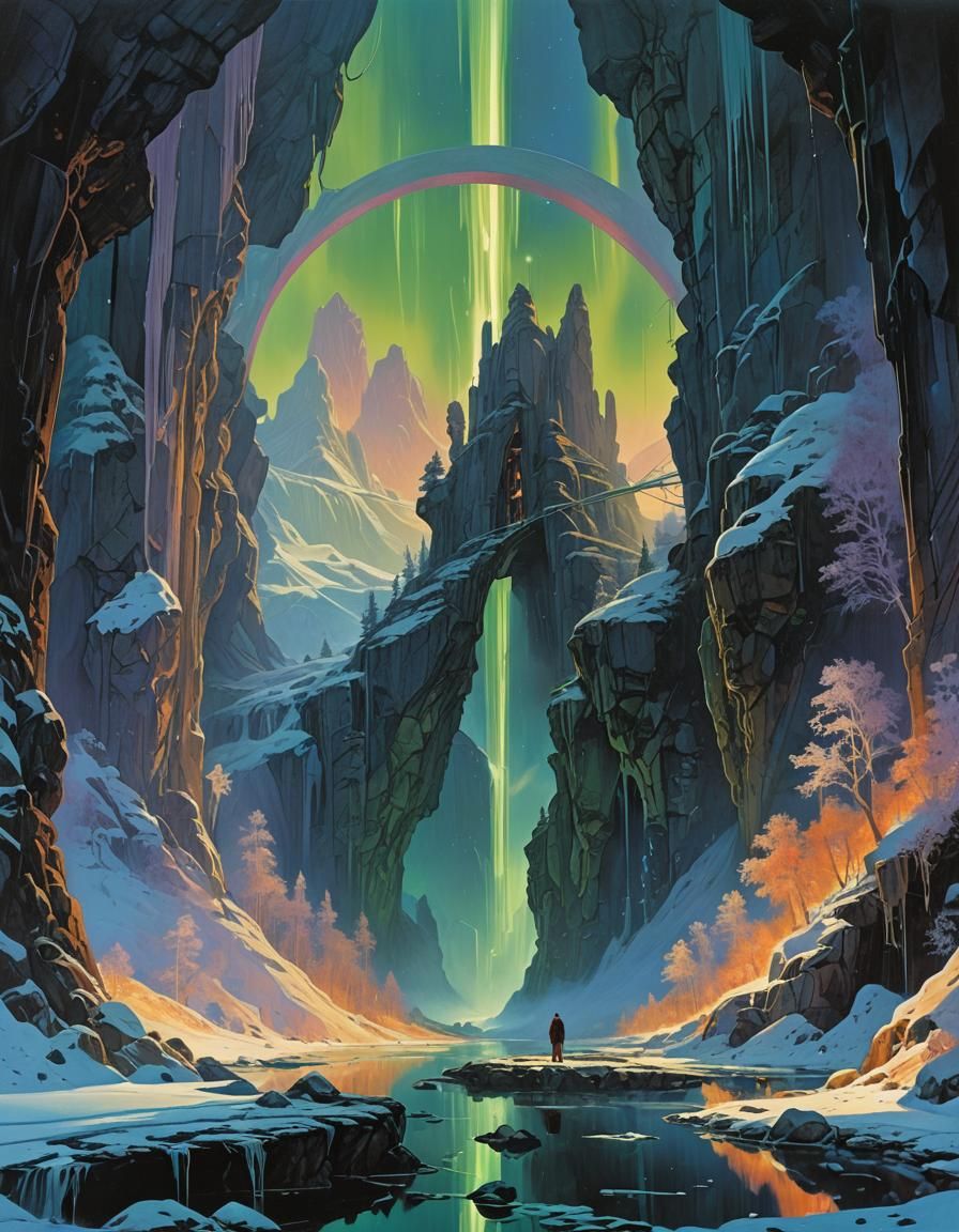 Crystal Portal with Ethereal Figures and Aurora Borealis