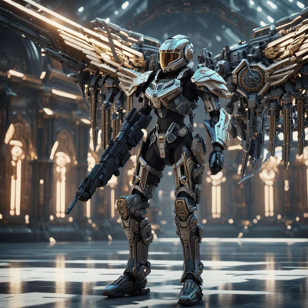 Flying Android Angel in Sci-Fi Battle