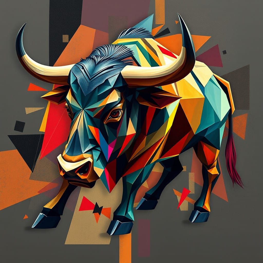 Neo-Cubist Bull in Vibrant Digital Art