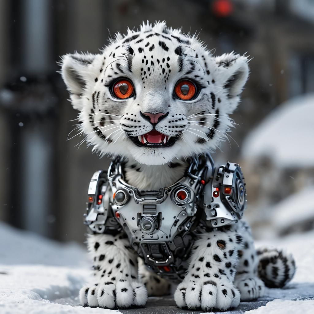 Snow Leopard Cyborg: Photorealistic Macro Portrait