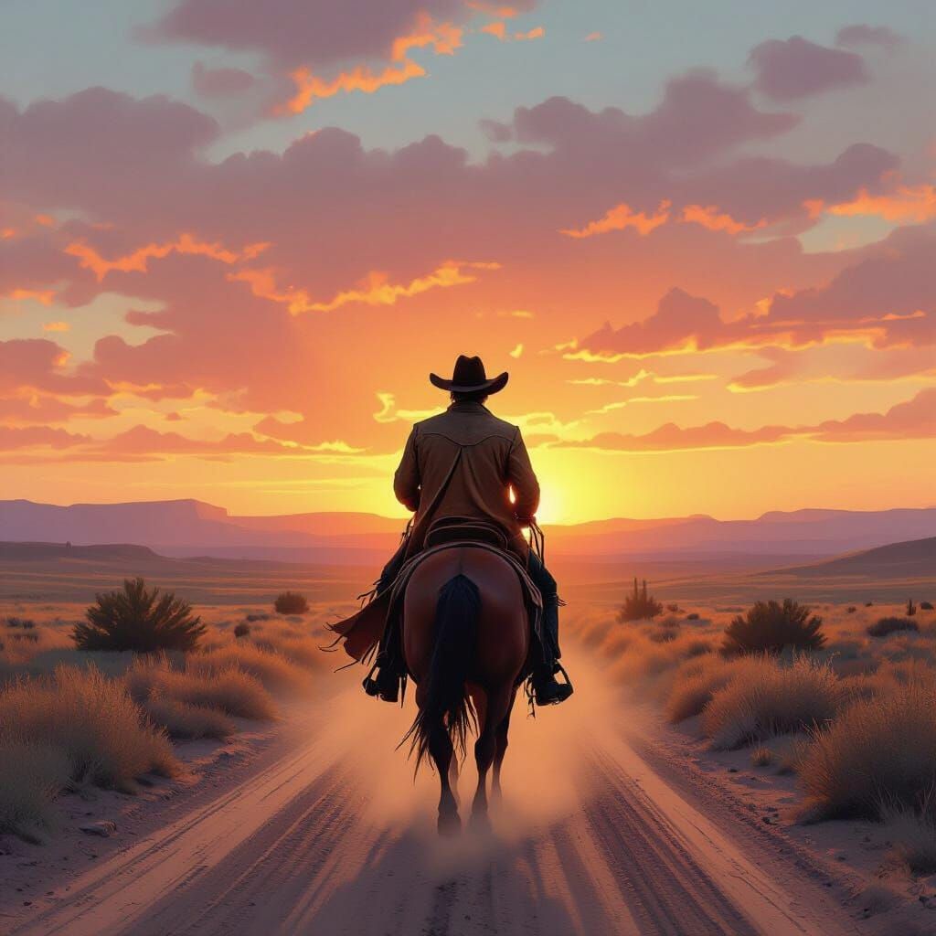 Cowboy Sunset Ride in Impressionistic Style