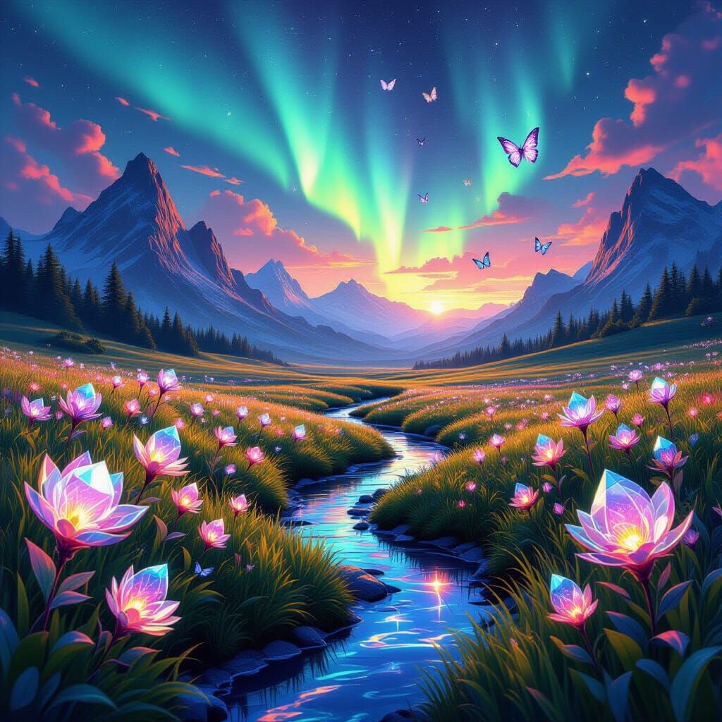 Crystal Meadow Mirage with Fractal Butterflies