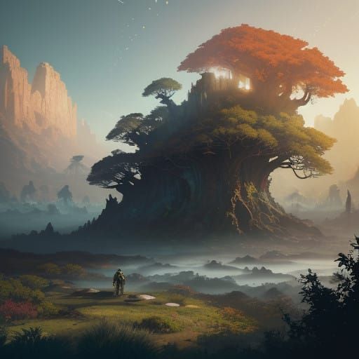 Ethereal God Amidst Vibrant Mystical Realm