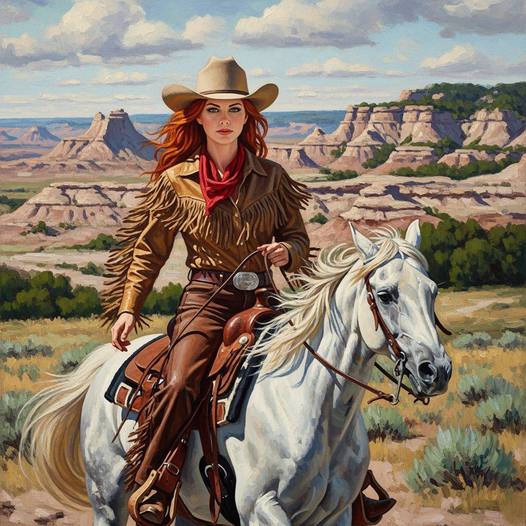 Impressionist Oil Portrait of a Red-Haired Woman in Cowboy H...