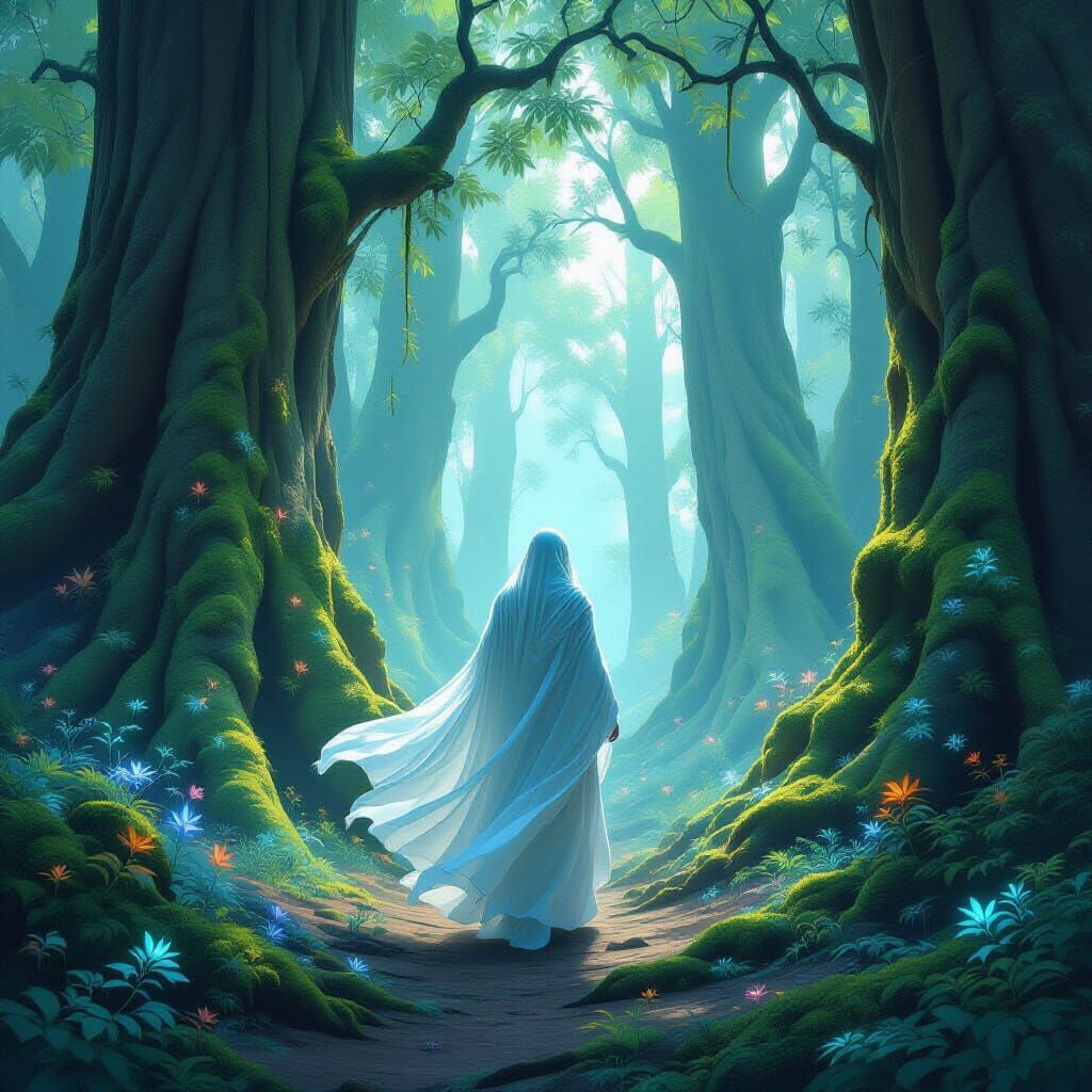 Ethereal Spirit in Ancient Forest with Luminescent Flora