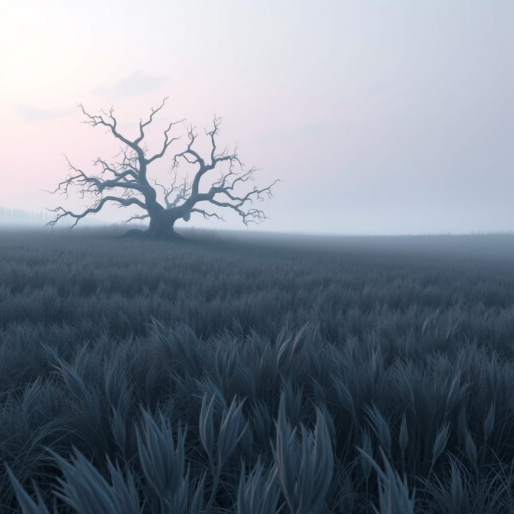 Ethereal Fantasy World with Grey Grassland and Twisted Tree