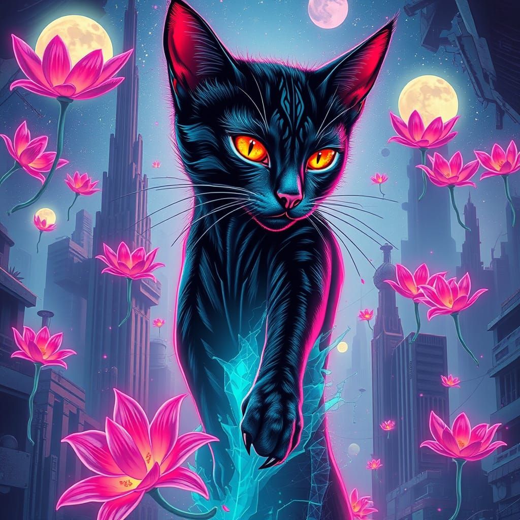 Cat-Woman Ascending in Surreal Neon Jungle