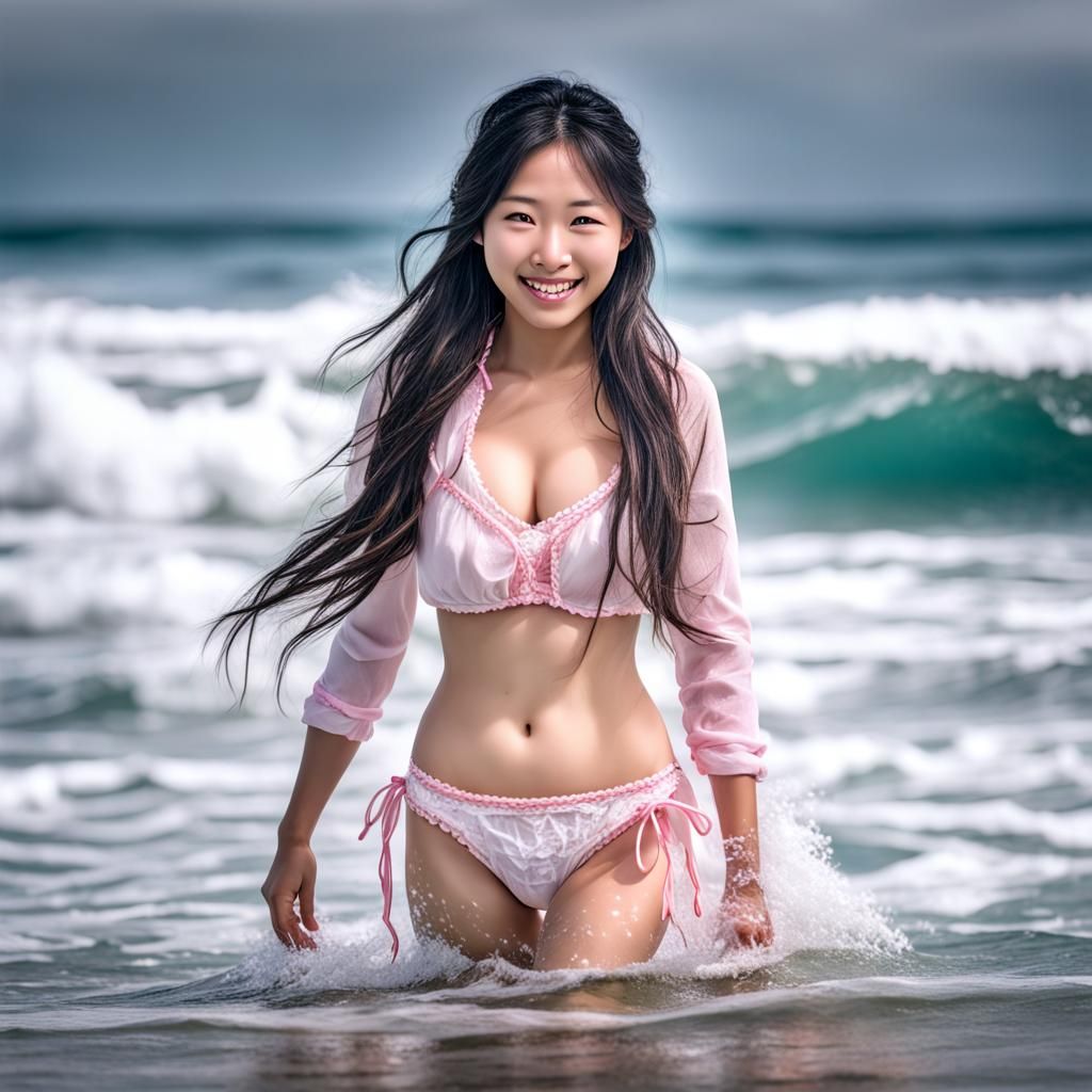Cute Fox Girl Walking in Ocean Surf