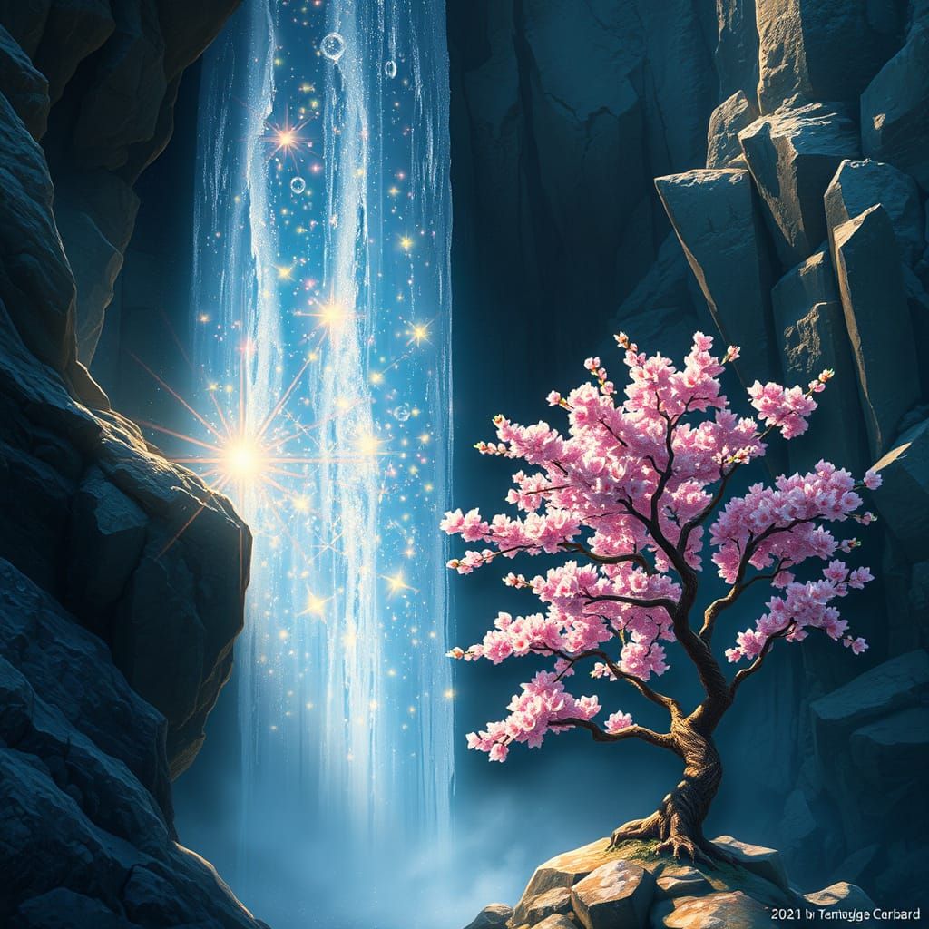 Crystal Waterfall with Cherry Blossoms, Fantasy Art