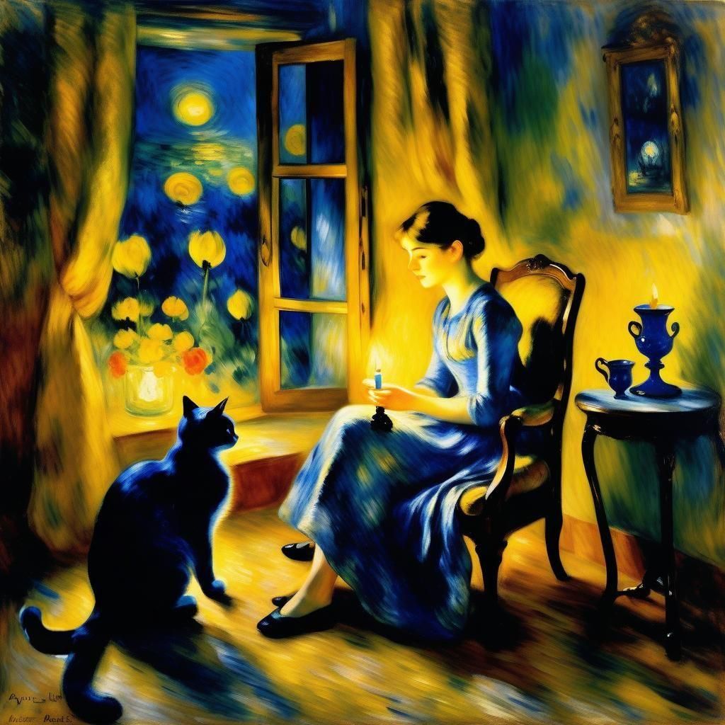 Young Woman with Cat: Impressionistic Candlelight Scene