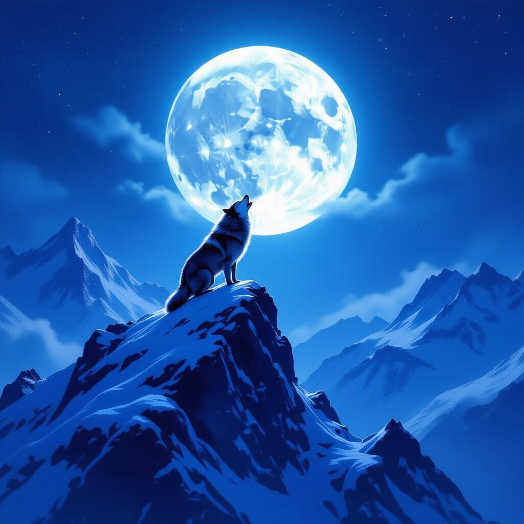 Lone Wolf Howling at Full Moon on Mountain