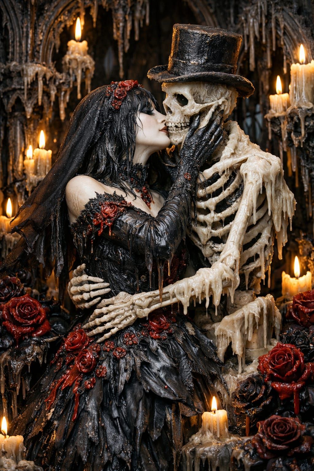 Gothic Wax Couple in Burning Cathedral