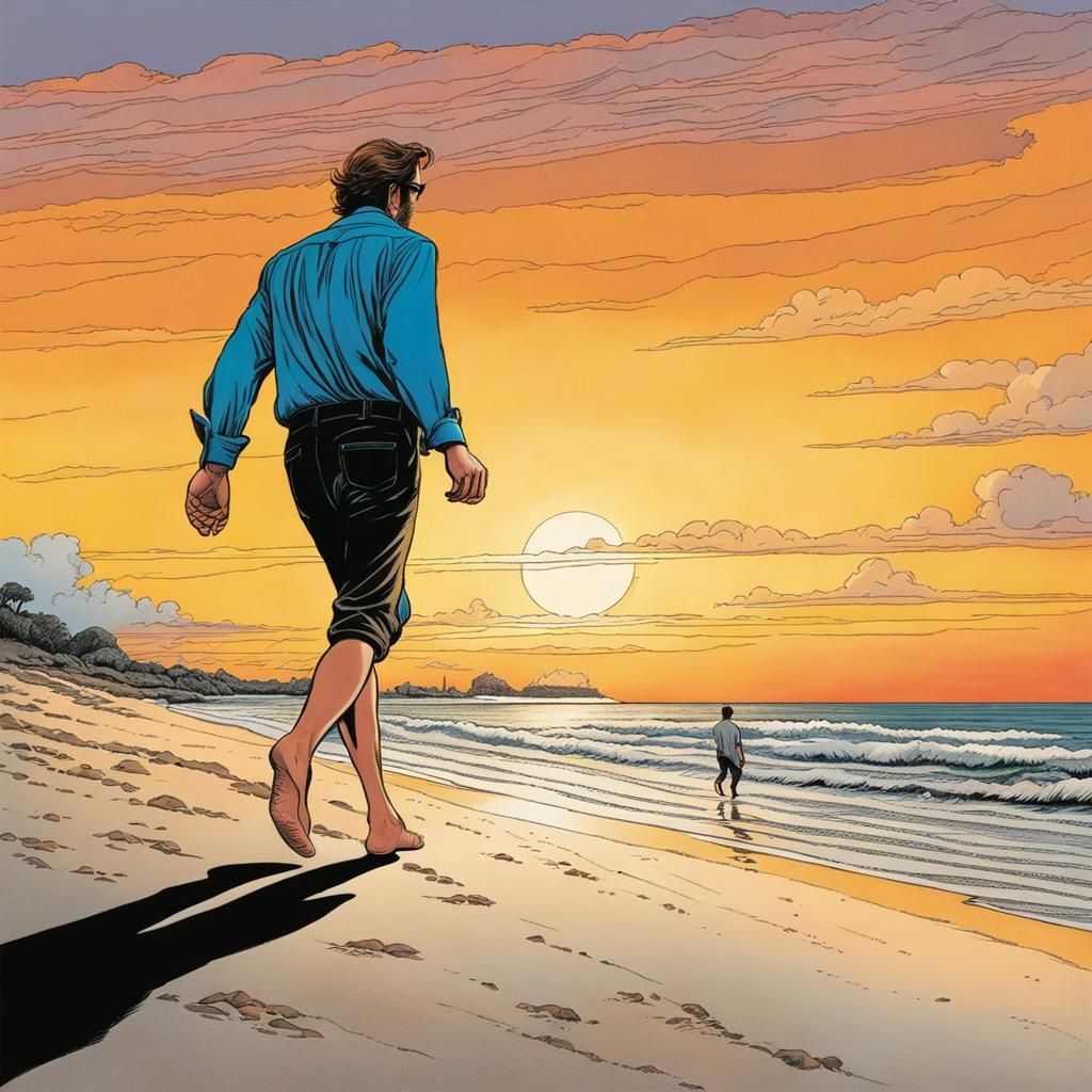 Barefoot Beach Walker at Sunset in Comic Art Style