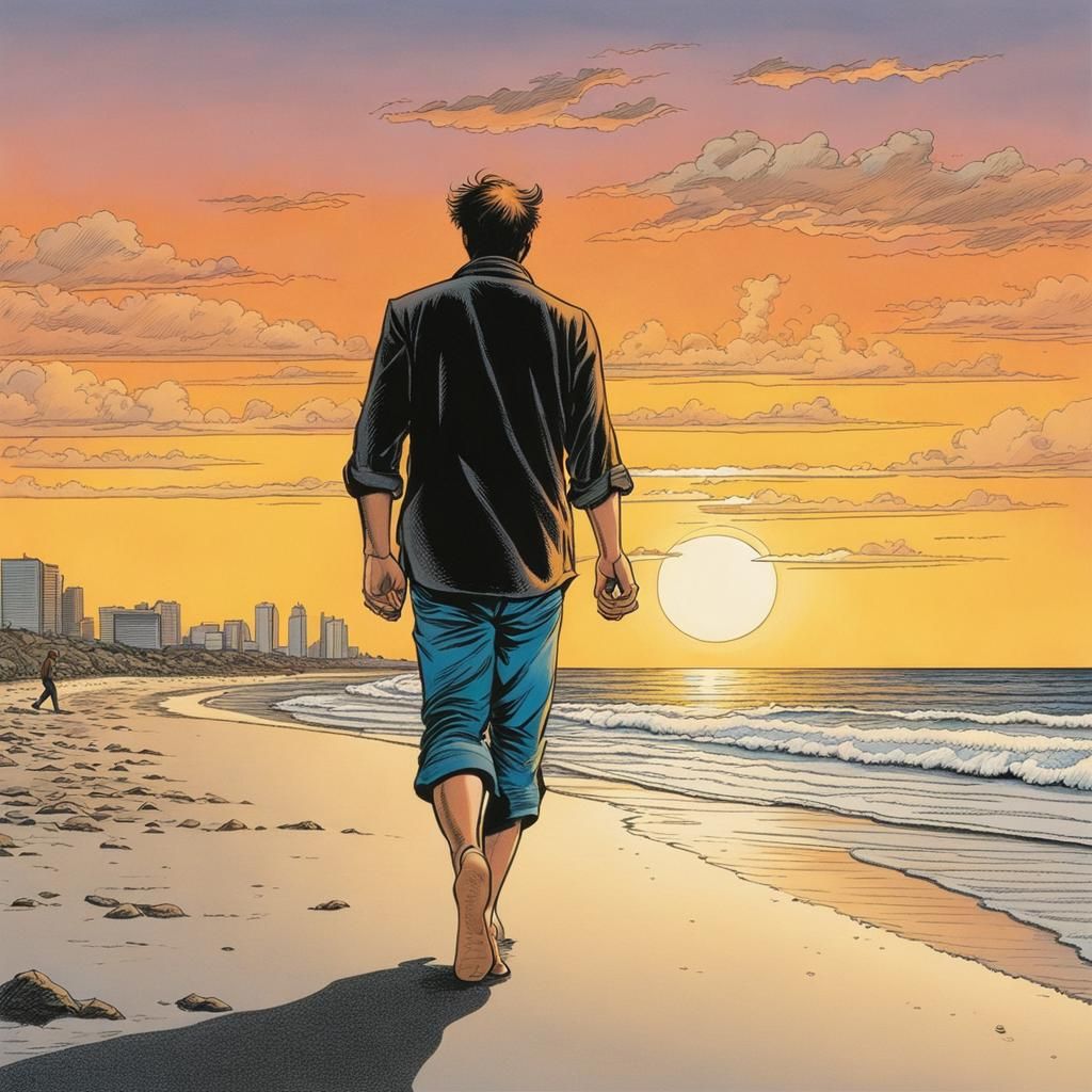 Barefoot Man on Beach at Sunset in Comic Art Style