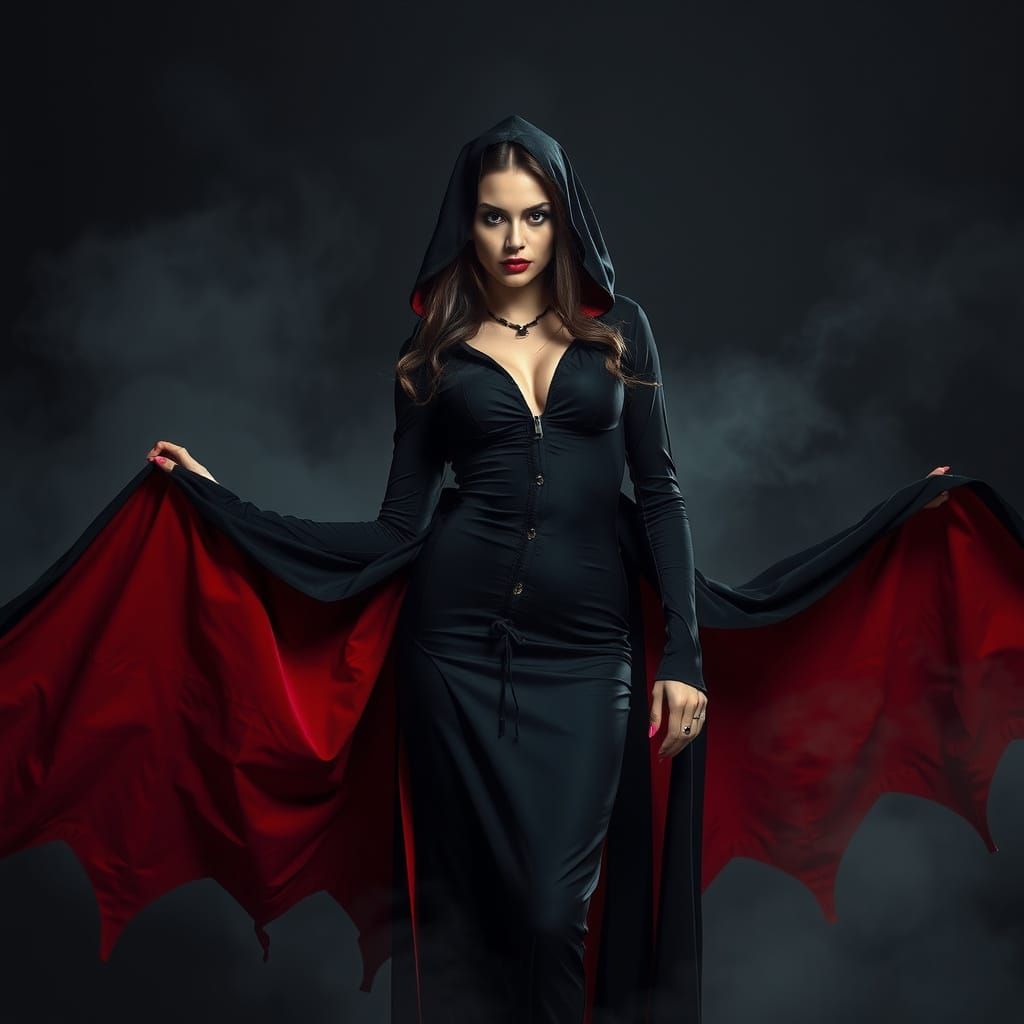 Sexy Vampire Countess in Long Cetim Dress with Fangs and Dra...