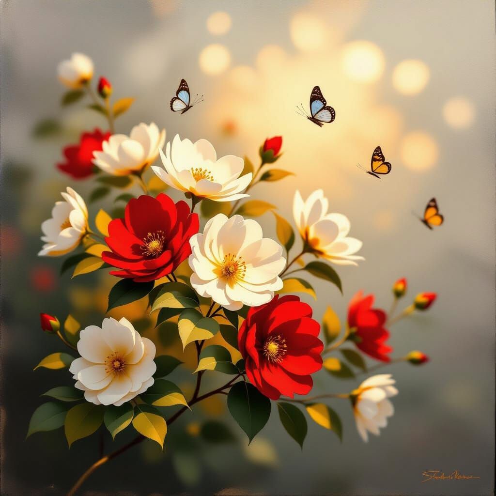 Impressionist Oil Painting of Red White Golden Tree Flowers