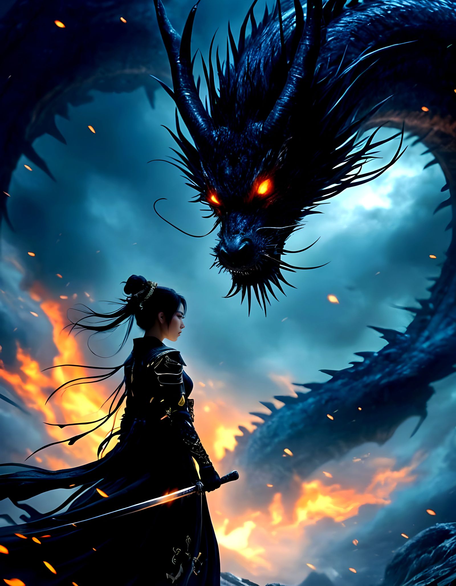 Samurai Lady and Dragon in Storm-Lit Scene