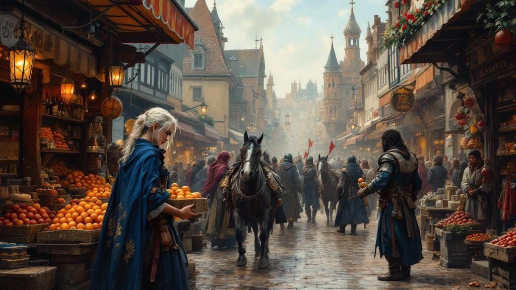 Adventurers in a Lively Dutch Marketplace: Dark Fantasy Oil ...