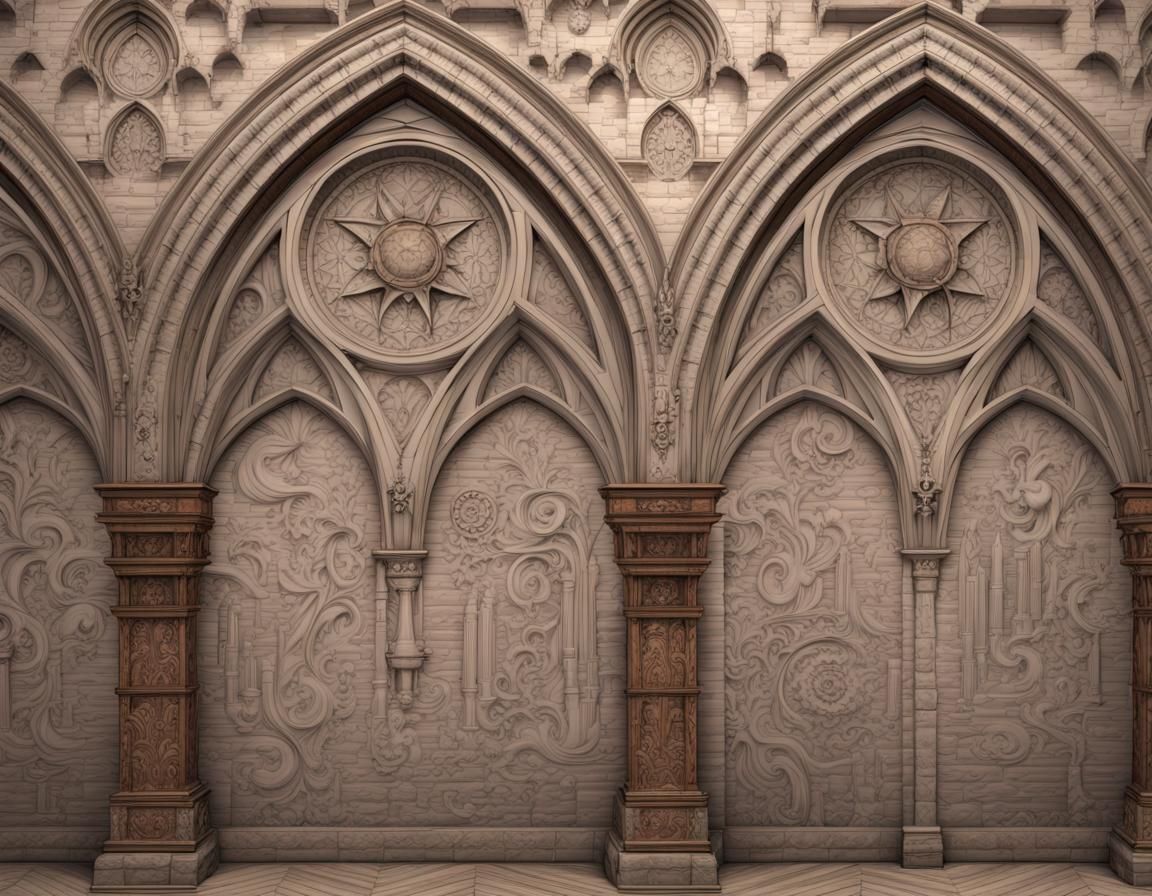 a Gothic-style brick wall with wooden panels, decorated with a tapestry with a Medieval plot, frescoes, paintings, inter...