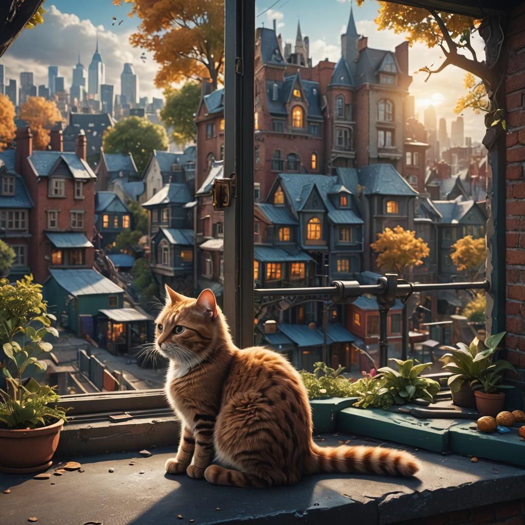 Cat Overlooking City Playground in Detailed Matte Painting