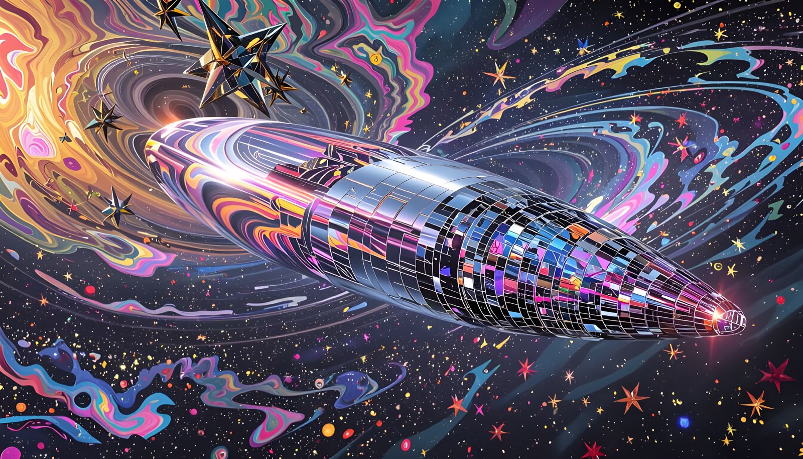 Metallic Cylinder Races Through Impasto Cosmos