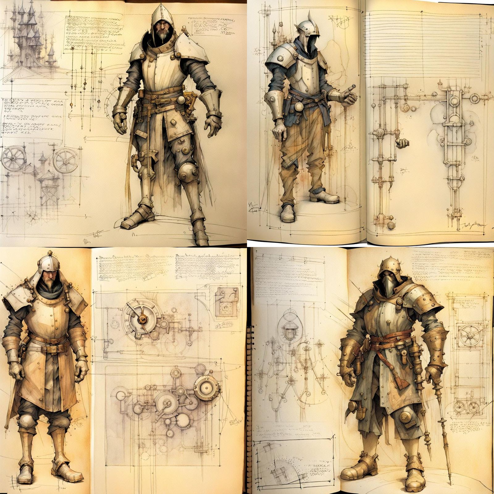 Detailed Mechanical Schematics on Aged Sketchbook Page