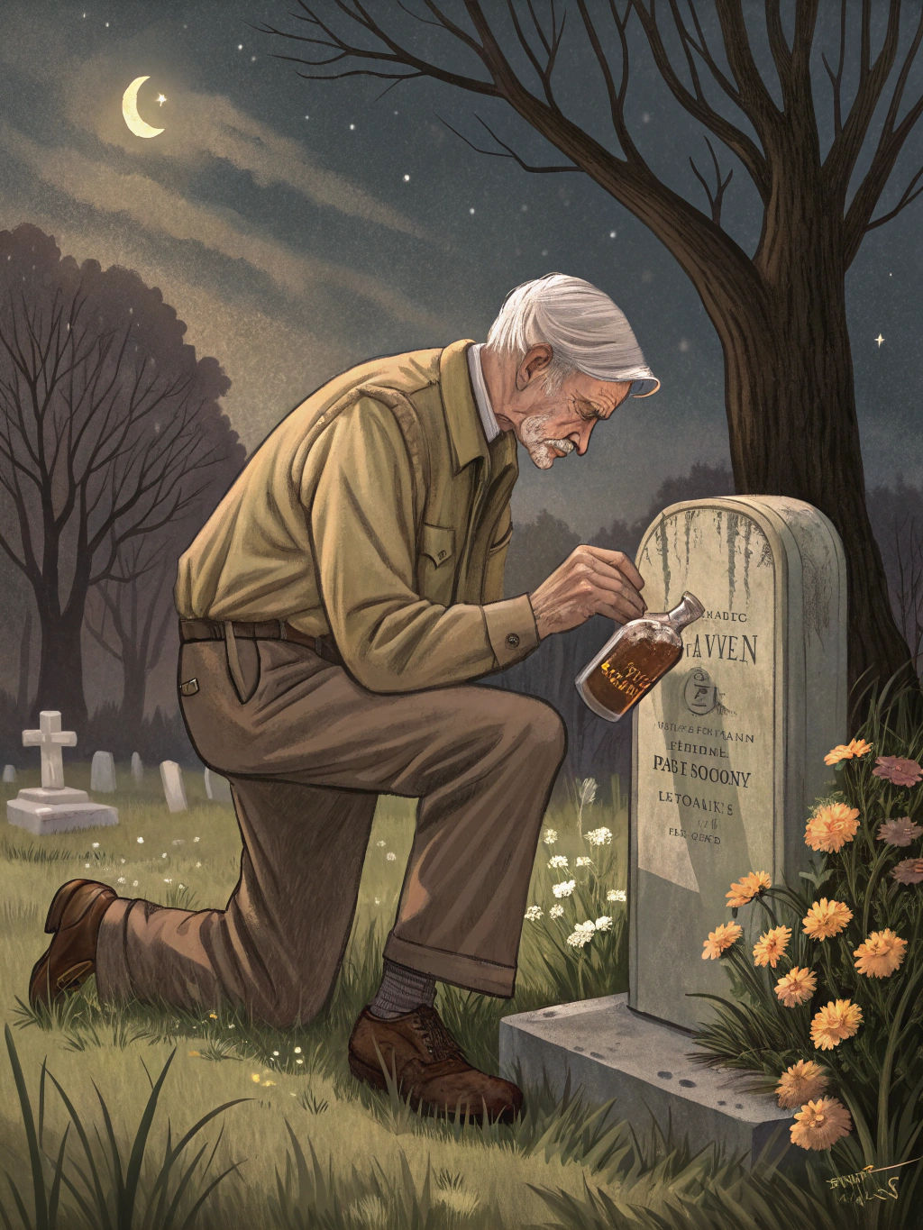 Moonlit Cemetery: Elderly Man's Somber Tribute