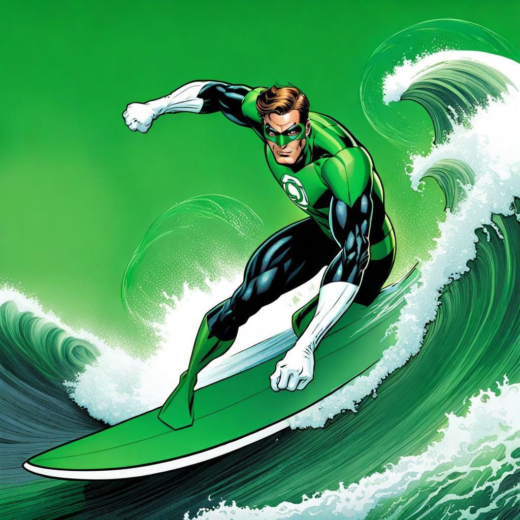 Green Lantern Surfing the Wave, Digital Art