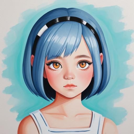 Detailed Gouache Painting of Cute Girl with White Eyes