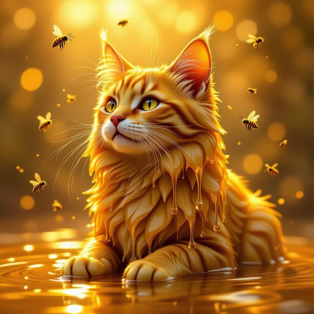 Golden Honey Cat in Dreamlike Surreal Fantasy Art