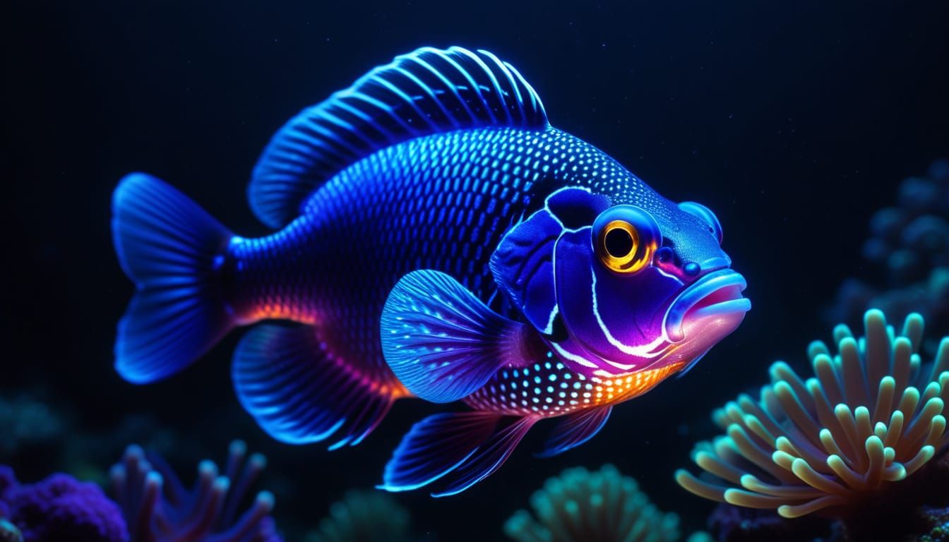 Bioluminescent Mandarin Fish in Mystical Underwater Scene